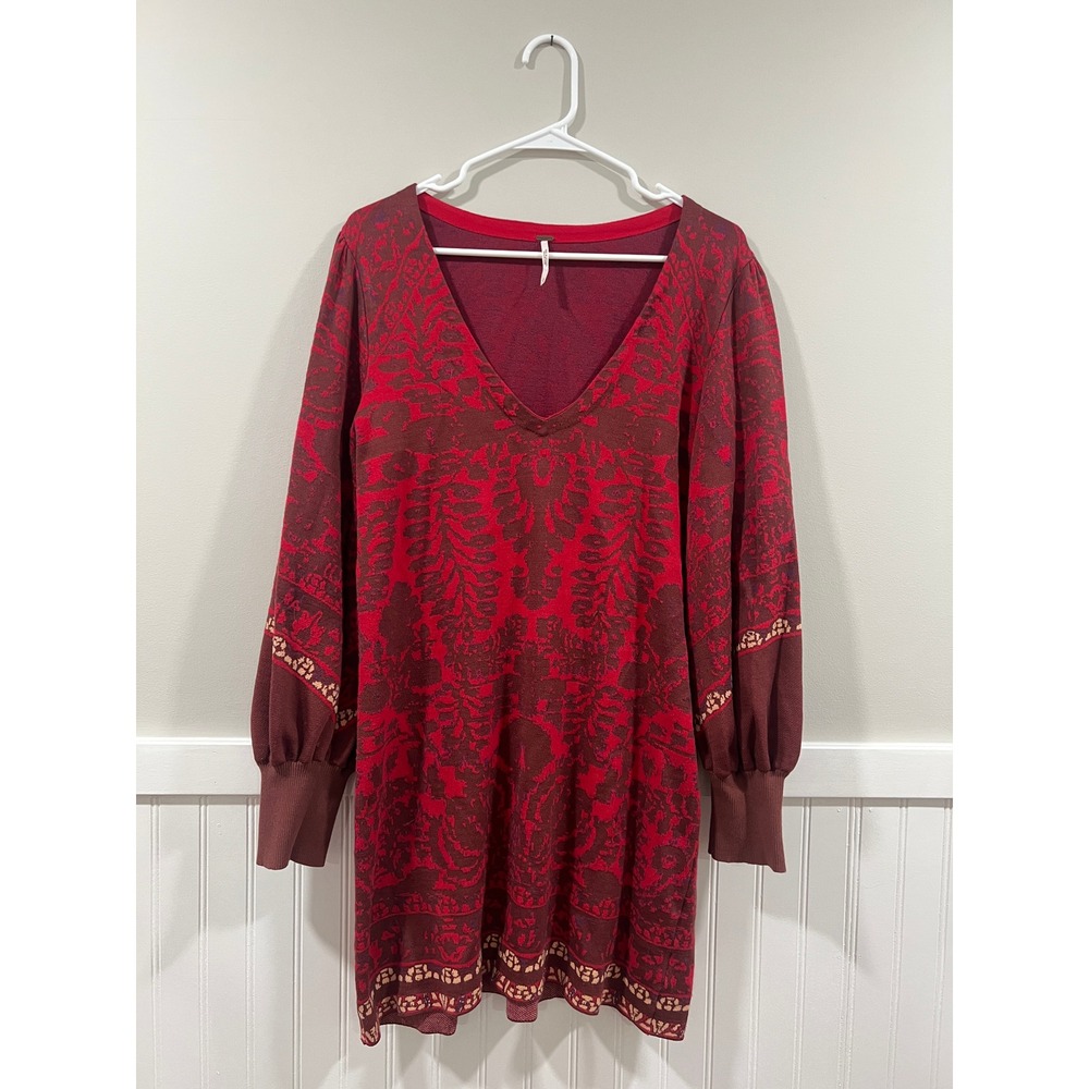 Free People Damask Jacquard Balloon Sleeve Sweater Dress V-Neck Red Women Sz L